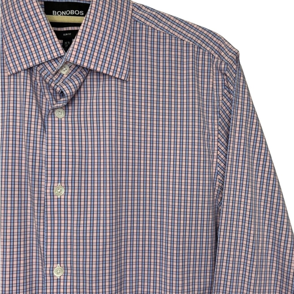 Bonobos Men Stretch Slim Fit‎ Plaid Button Down Shirt 15 1/2 33 Medium Pink Blue
